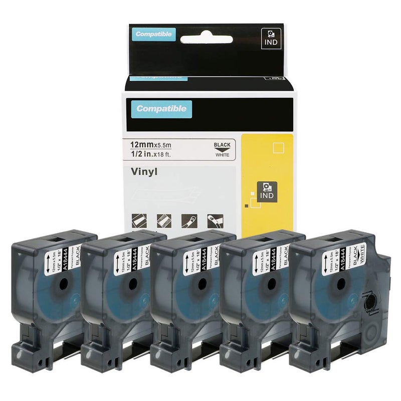 Wonfoucs Compatible with Dymo Rhino Label Tape Replacement for 18444 Permanent Vinyl Label Tape for Dymo Rhino 5200 4200 6000, Black on White, 1/2-Inch x 18 ft, 5 Pack - Image 1